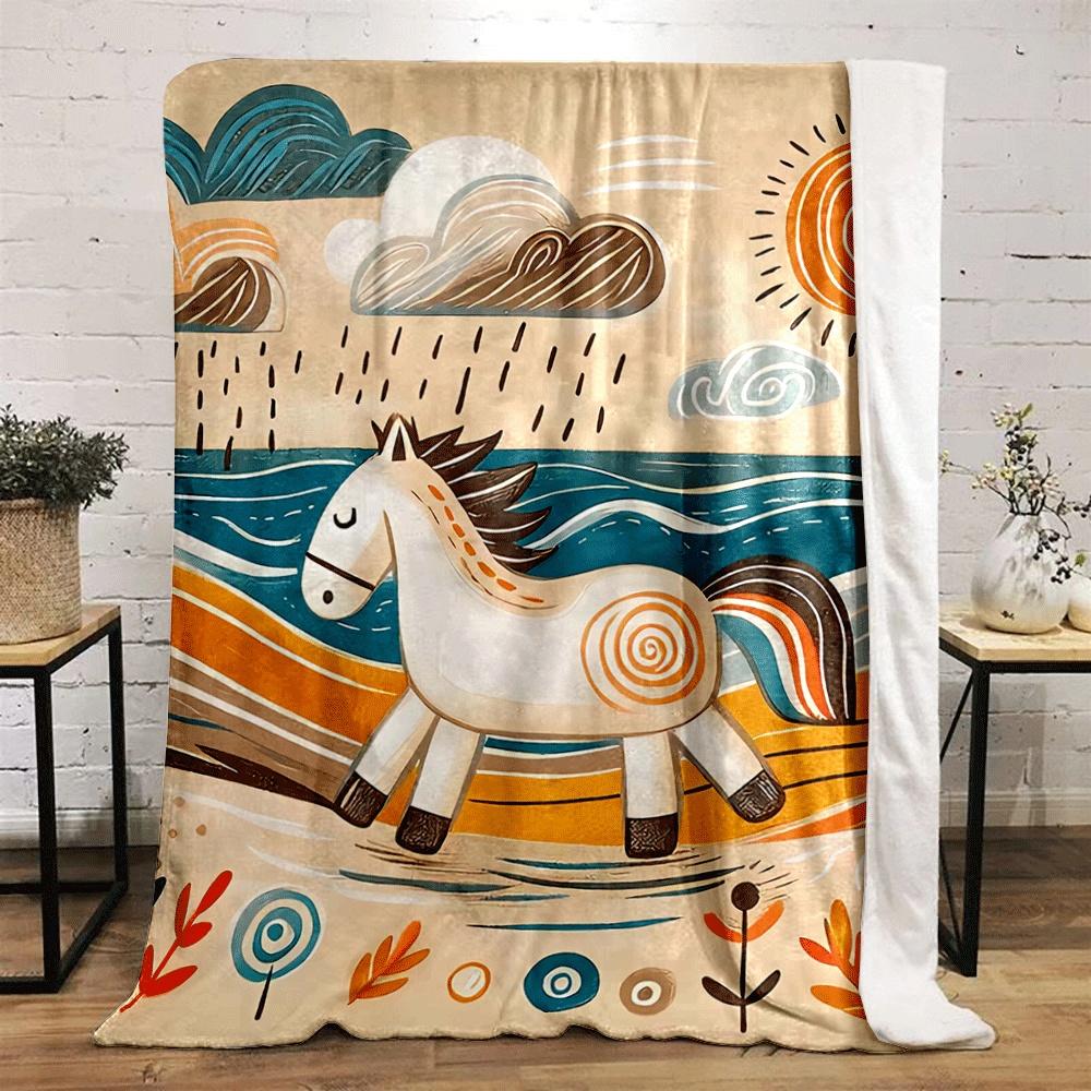 A Stylized Horse Amidst Swirling Patterns of Sun, Rain, and Nature. for All Seasons Blanket Lunch Break Throw Gift