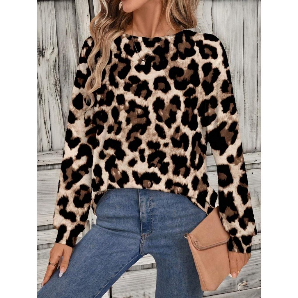 Round Neck 3D Printed Leopard Print Pattern Top Fashionable Casual Long Sleeved Women's Sweatshirts