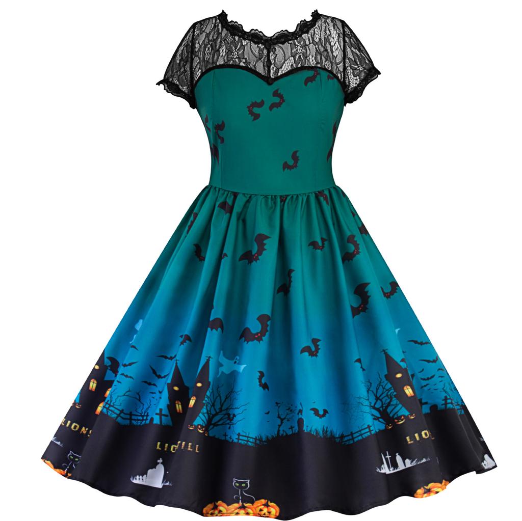 Amazon Cross-border European and American Halloween Dark Bat Women's Clothing, Foreign Trade 2023 New Lace Flower Dress