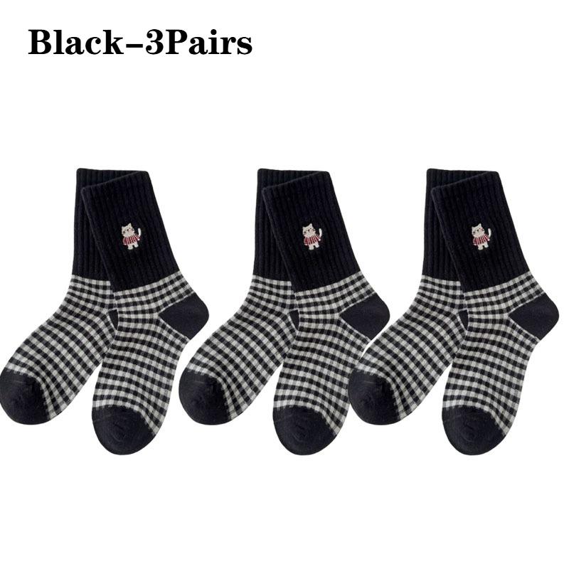 Damen Vintage KarosockenCartoon Katze BaumwolleMittelwade Lange Socken Grau Schwarz Weiß Frühling Herbst Freizeitsocken Damen Lange Socken