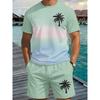 Men's 3D Digital Printed Round Neck Short Sleeved Set with a Fresh Vacation Style