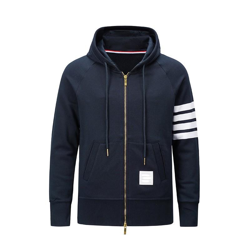 Unisex Cotton Woven Stripe Hooded Zip-Up Sweatshirt With 4-Stripe Detail Regular Fit Casual Daily Wear