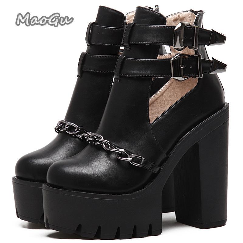 Punk Style Women's Short Boots Super High Heel Black Pumps Chain Decor Buckle Strap Booties Woman 2026 Platform Shoes Size35 42