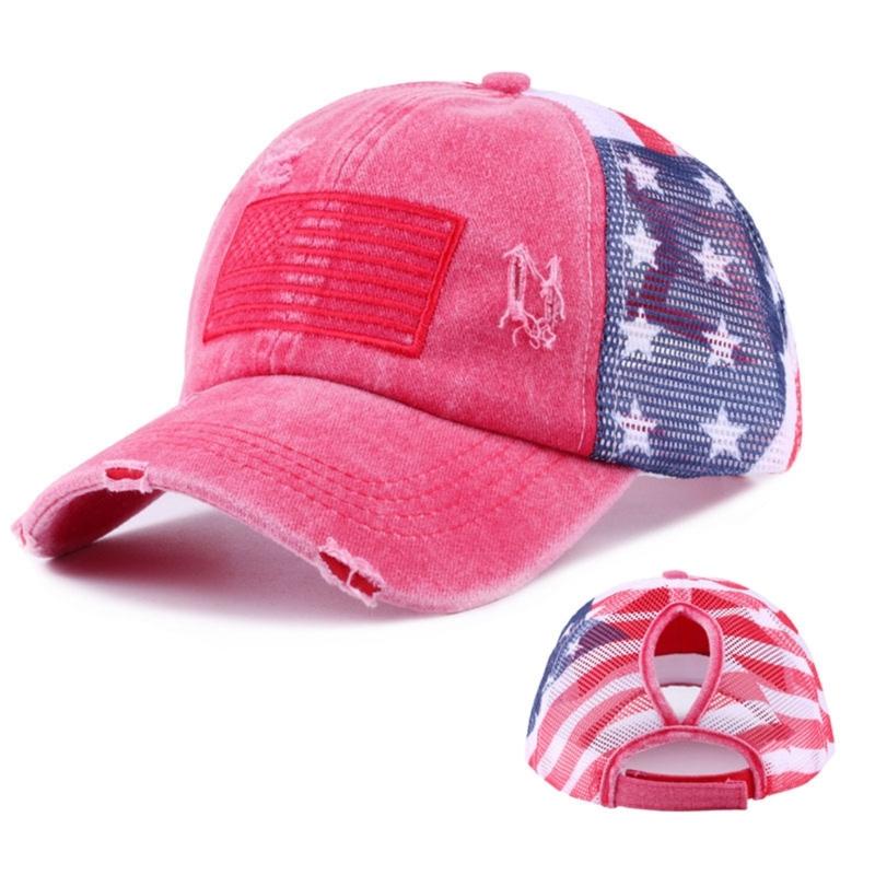 Distressed Wash Cotton Baseball Hat with Star Print Curved Brims Mesh Ponytail Sun Hat for Patriotic Women Teens Girl