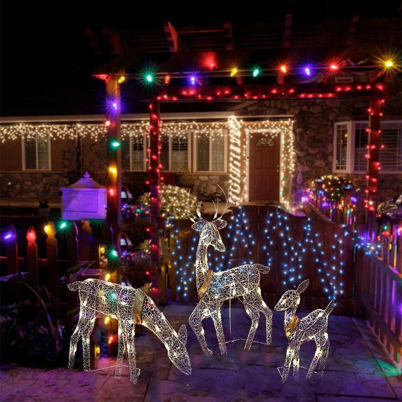 Christmas Deer Family of 3pcs Outdoor Metal Luminous Ornaments A Set (family of 3) with Lights
