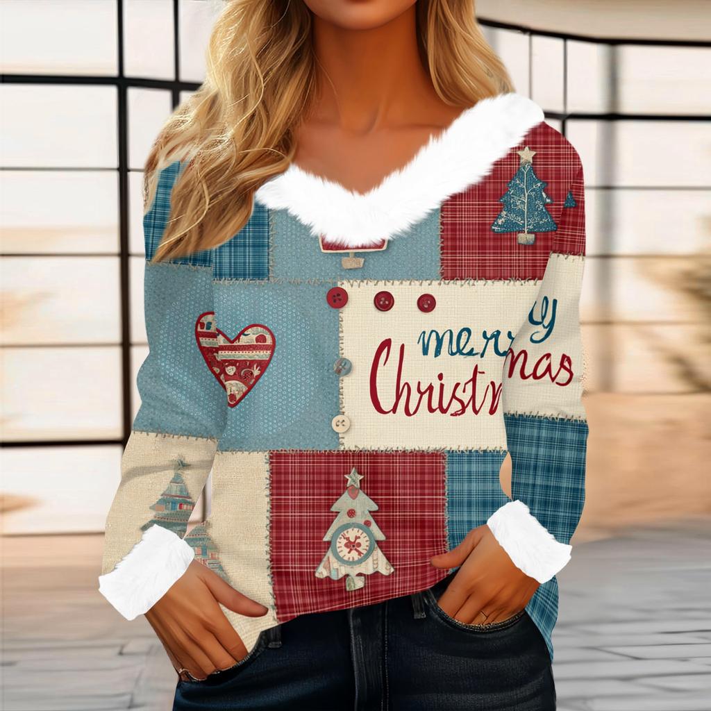 Women's Casual Fashion Long Sleeve Christmas Printed Flannel Collar Top