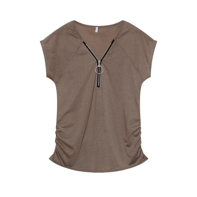 Womens 2026 Casual Short Sleeve T-Shirt With Front Zipper Ruched Detail Round Neck High-Waist Fit