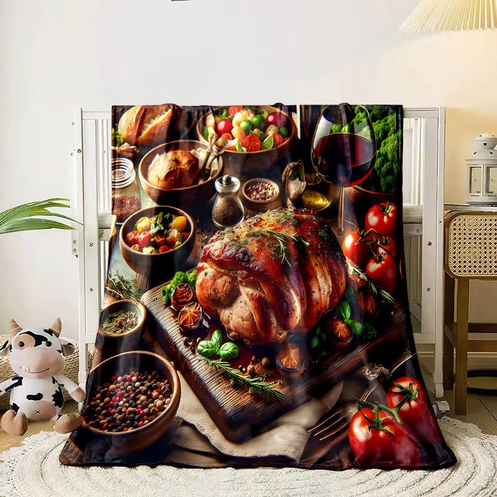 Gourmet Feast with Roast and Wine print blanket soft and cozy perfect for the living room bed sofa or a nap,gift
