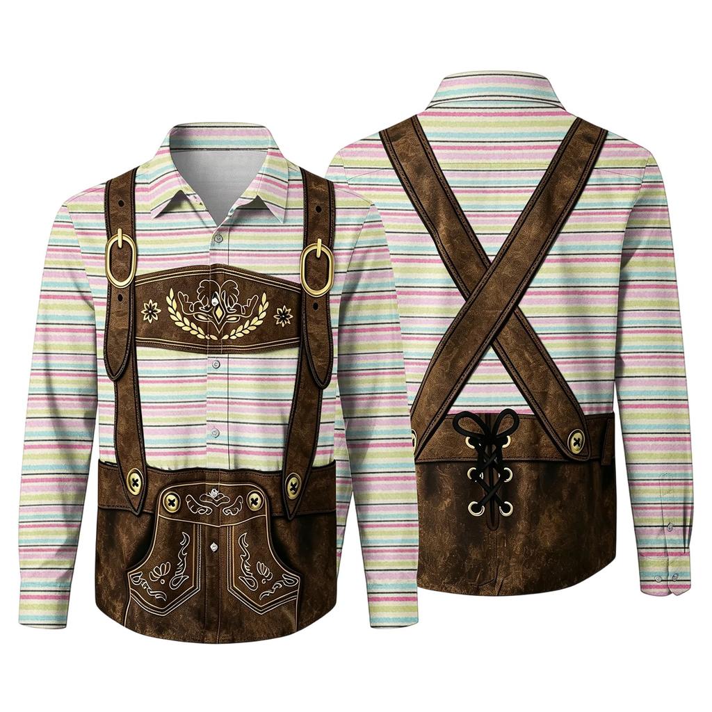 Camicia da uomo per l'Oktoberfest con stampa 3D, vestibilità ampia, manica lunga, colletto classico, adatta per la primavera e l'autunno, per uso casual all'aperto, festival, feste