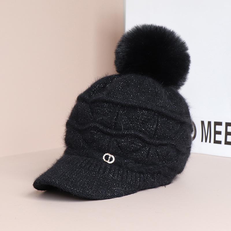 Autumn and Winter Hat Female Winter Warm Padded Knitted Cap Wool Cap Thickened Duck Tongue Cap Warm Plush Ear Protection Cap Beret