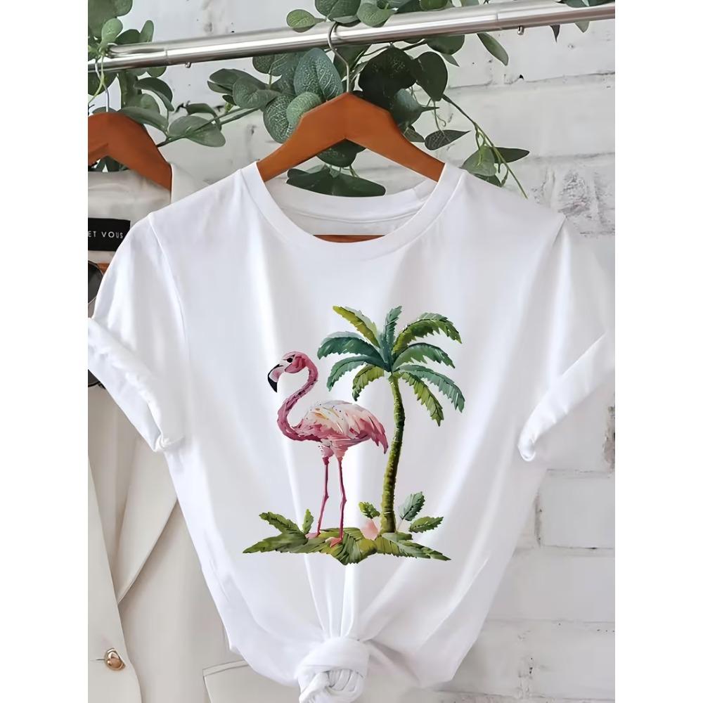 Y2K Tropical Flamingo Print T-Shirt  Short Sleeve Round Neck Top,Machine Washable Casual Summer Beach Party Outfit