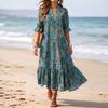 Women's V-Neck Printed Short Sleeve Maxi Dress, Bohemian Floral Long Dress with Flowy Skirt