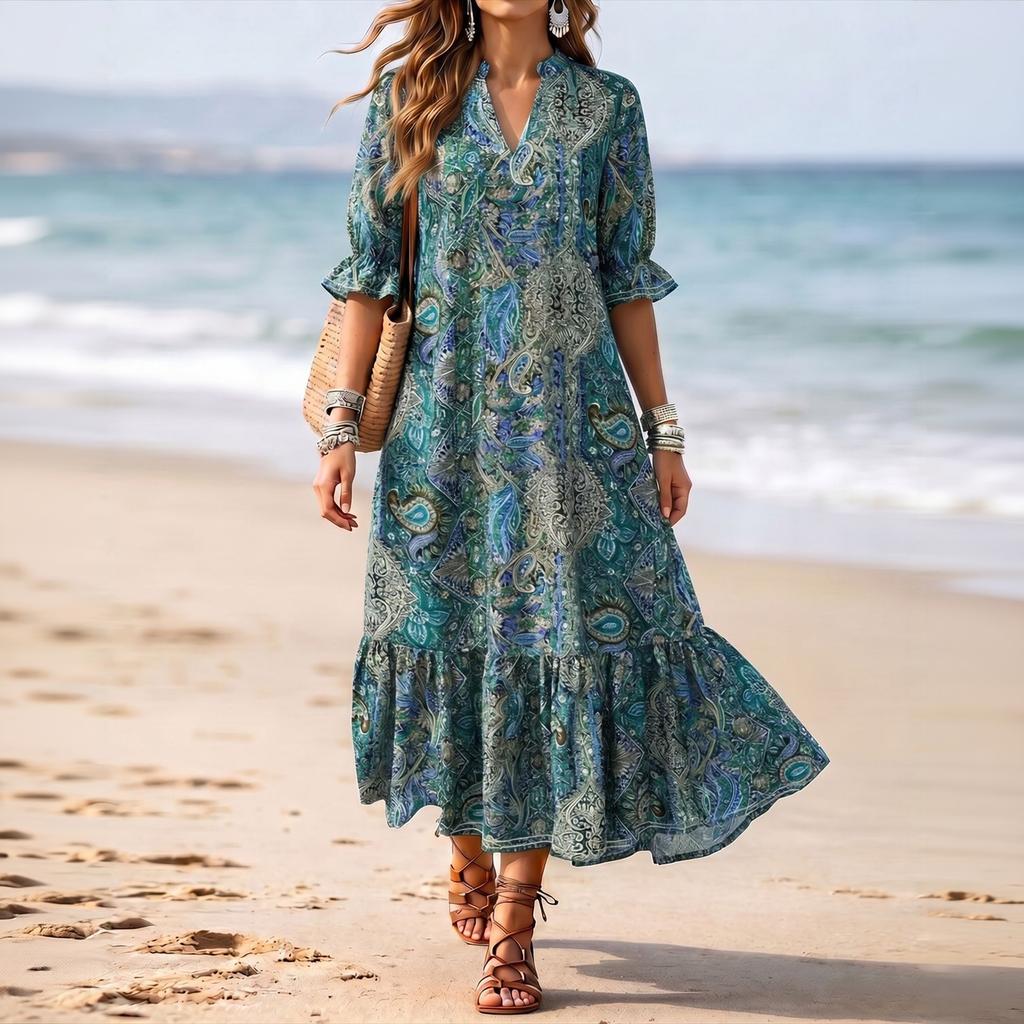Women's V-Neck Printed Short Sleeve Maxi Dress, Bohemian Floral Long Dress with Flowy Skirt