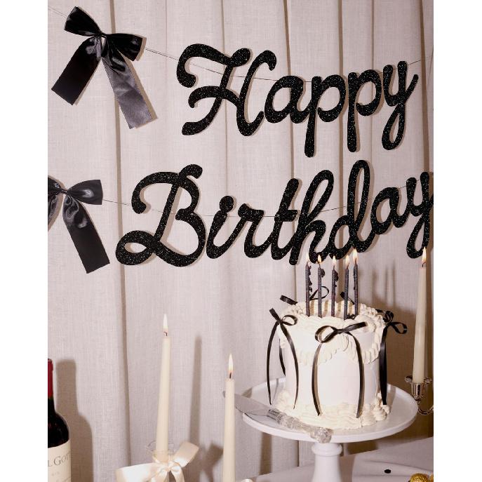Xo, Fetti Happy Birthday Banner, Black Glitter + Satin Bows - 5.5 Ft. | Birthday Decorations, Coquette Bday Decor, 30th Party Sign, 21st Photo Booth