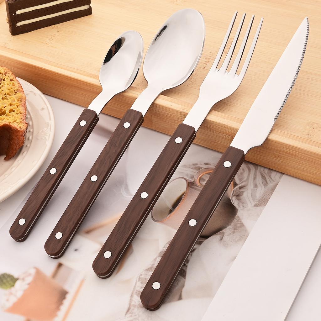 4/5pcs Imitation Wooden Handle Cutlery Set Clamp Stainless Steel Dinnerware Set Western Knife Fork Tea Spoon Tableware Flatware
