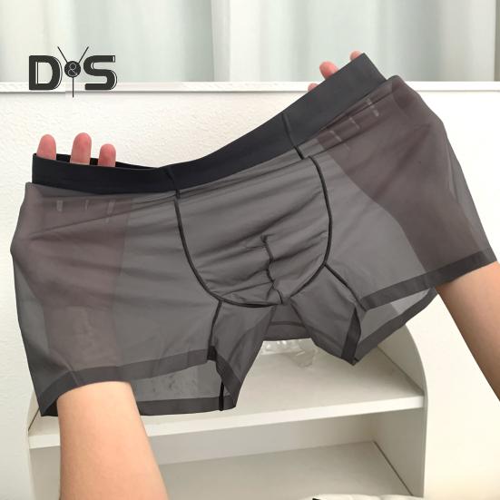 Men Boxer Underwear Mid-rise Elastic Waist U-Convex Shorts Briefs Ultra Thin Transparent Ice Silk Seamless Panties