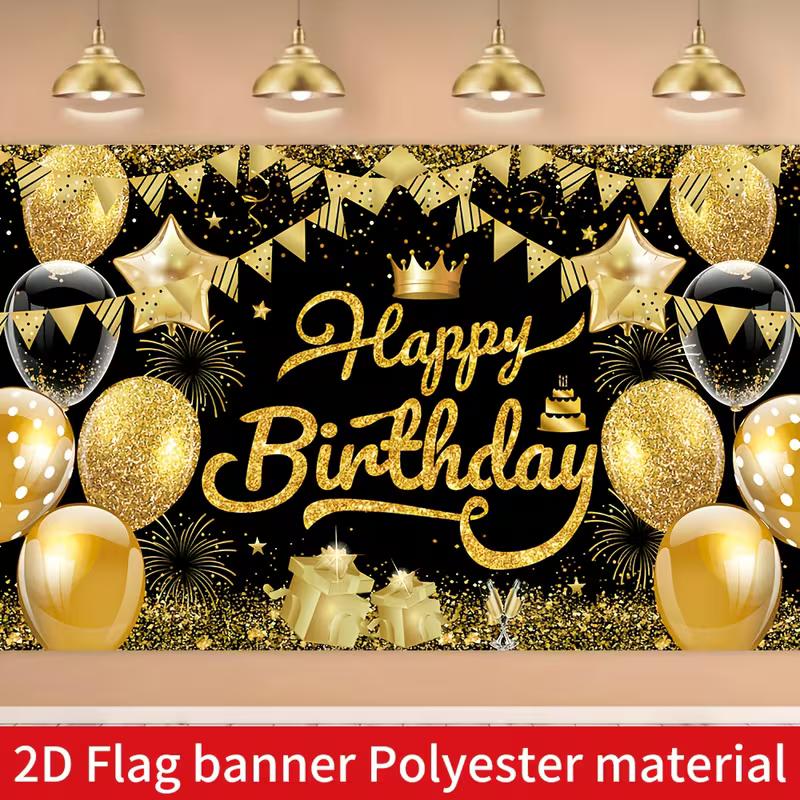 2D Black & Gold Themed Birthday Photo Booth Backdrop with Bunting Flags