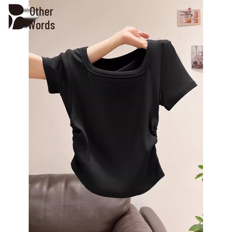 Women s Square Neck Slim Fit Pleated Short Sleeve T-Shirt L