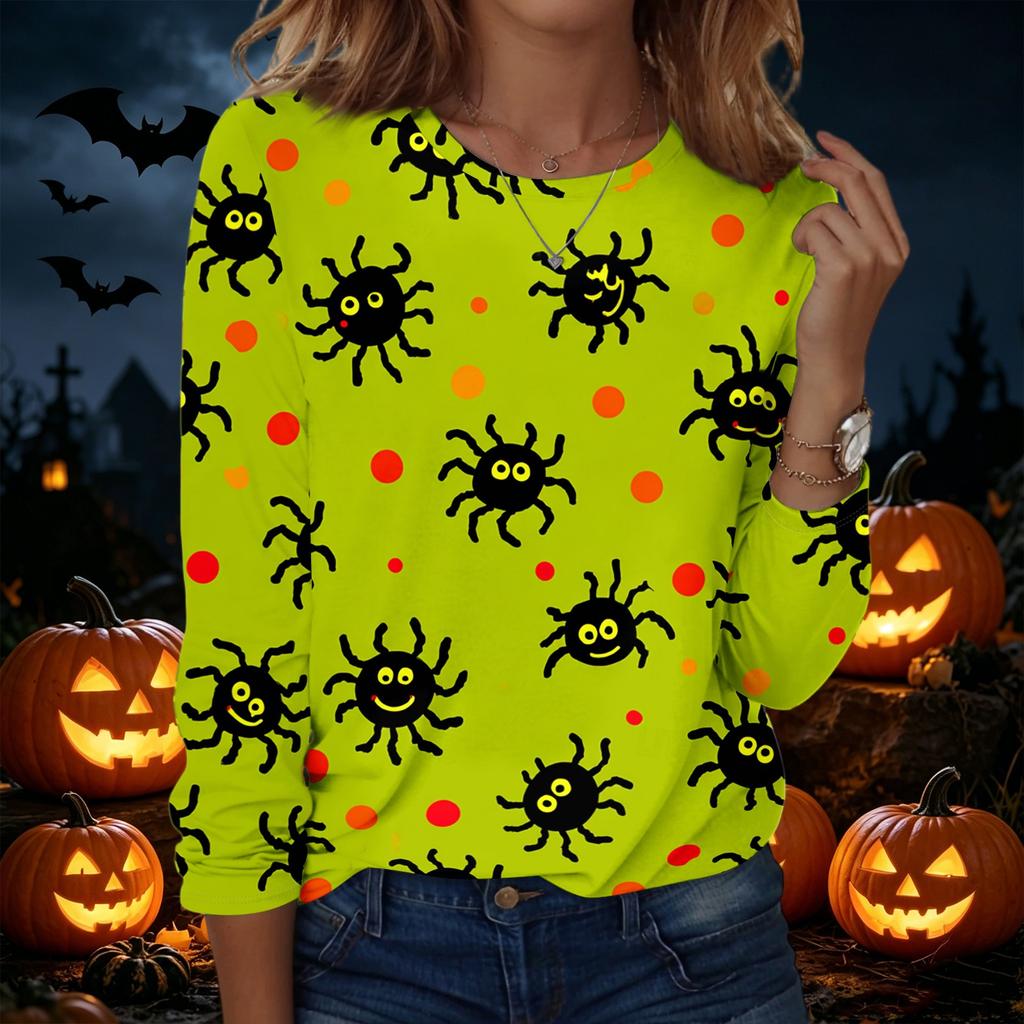 Women's Halloween Print Pullover Sweatshirt Long Sleeve Crewneck Top Casual Loose Fit Lightweight Pullover