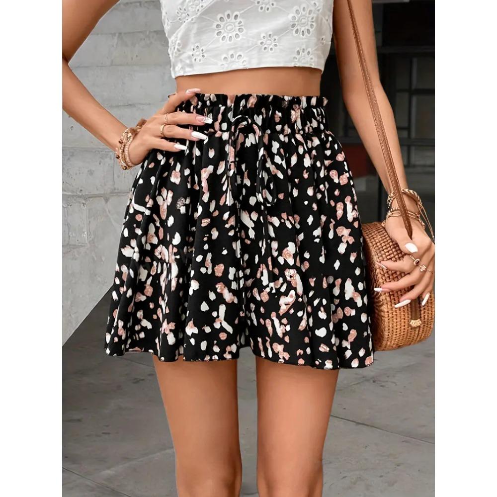 Women's Summer Printed Wide-Leg Lace-Up Shorts, Fashionable and Elegant Vacation Beach Skirt Women's Beach Vacation Printed Mini Skirt