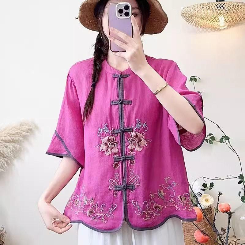Summer Loose New Cotton and Linen Shirt Embroidered Button Retro Seven-point Literary Shirt Cotton and Linen Top