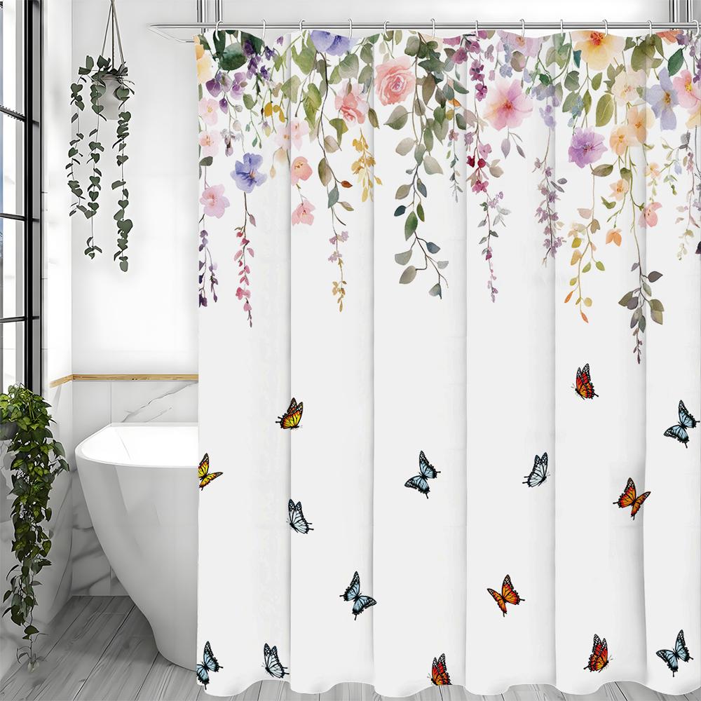 Spring Butterfly Flower Shower Curtain, Bathroom Decorative Shower Curtain, Waterproof Shower Curtain with Hooks