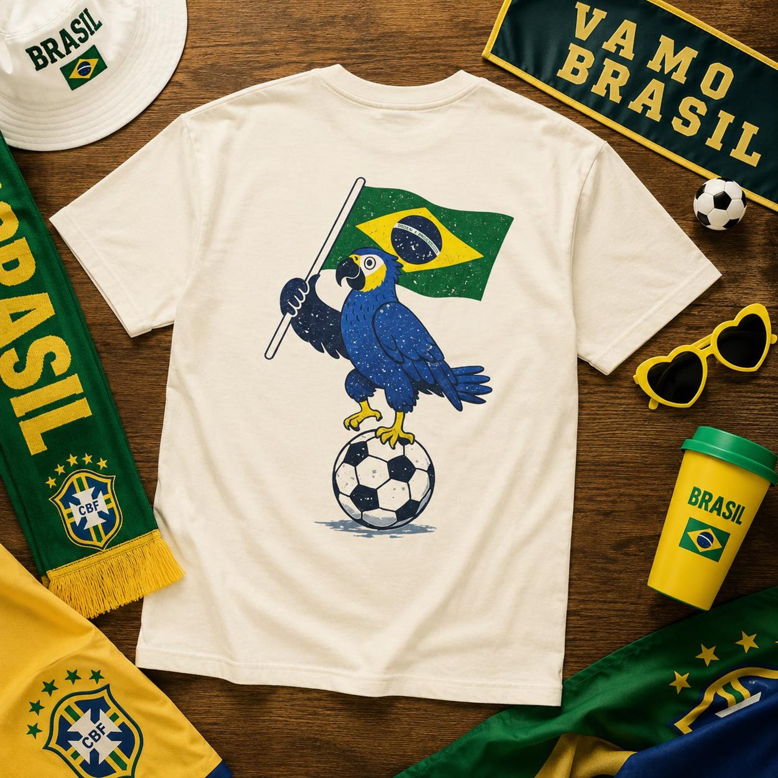 Brazil Blue Macaw Soccer T-shirt | Vamos Brasil Football Supporter Tee M