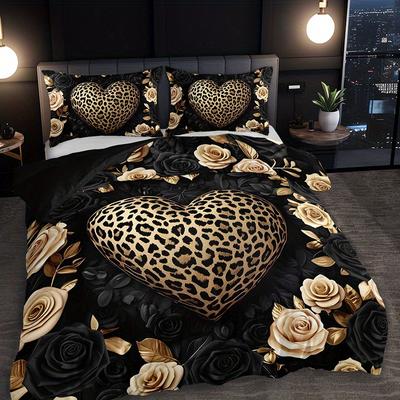 2/3Pcs Leopard Print Heart Rose Duvet Cover Set, HD Luxury Vintage Style Bedding with Pillowcases, All Season Home Dorm Decor