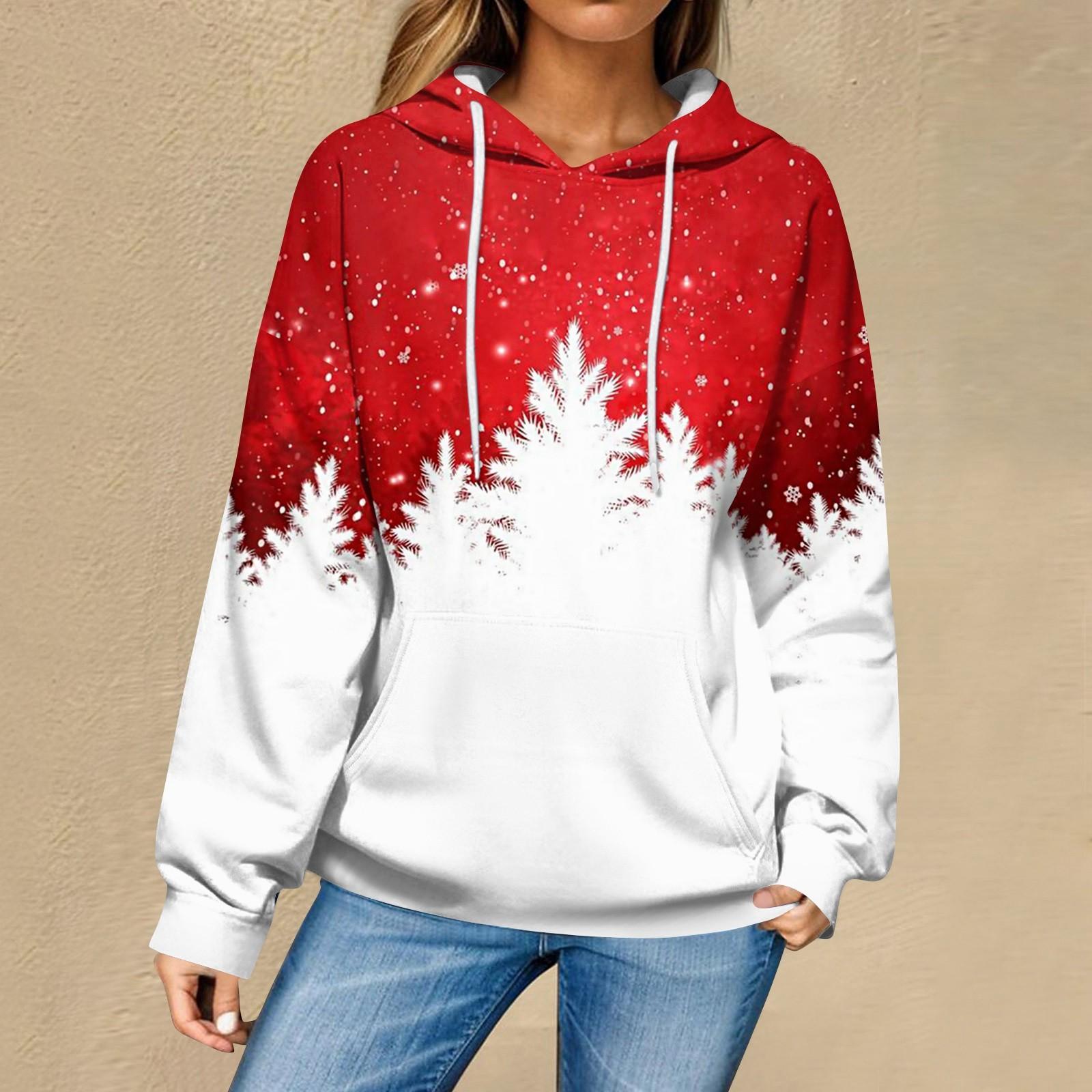 

Женская повседневная мода рождественский принт длинный рукав пуловер толстовки с капюшоном свитшоты XXXL белый