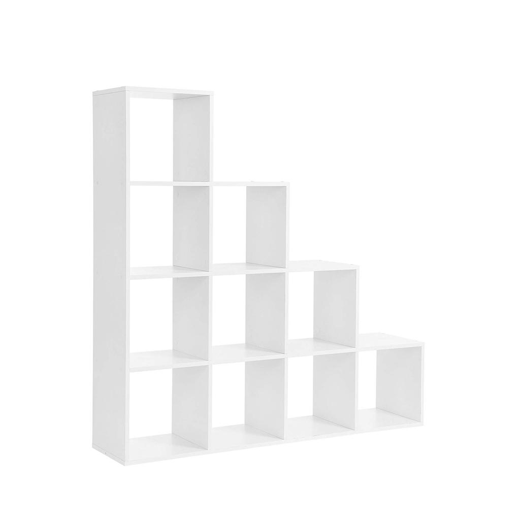 VASAGLE Bookcase, Stair Organiser, 10 Open Cubes, Wooden Display Shelf, Free Standing Shelf, 129.5 x 29 x 129.5 cm, Room Divider, White