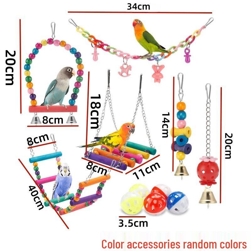 11dílná sada hraček pro papoušky: Příslušenství pro klec pro ptáky s žebříkem, houpačkou, závěsným kroužkem a vzdělávací koulí