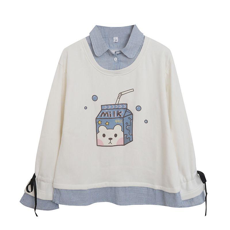 

Export Fall and Winter Women s Clothing 100% Cotton Sweater Fake Two-Piece Cartoon Loose Patchwork Gingham Lapel with Velvet Anti-Aging Top Picture Color S