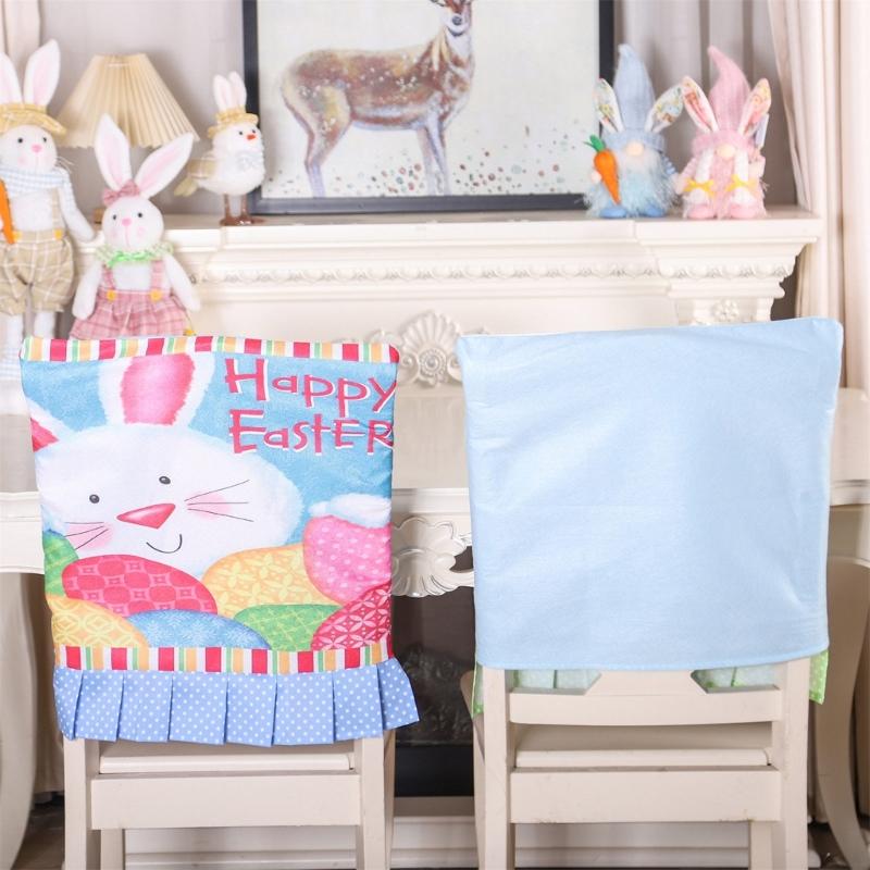 Rabbit Eggs Printed Chair Back Cover Easter Holiday Party Ruffle Hem Chair Slipcover Washable Furniture Protective Cover