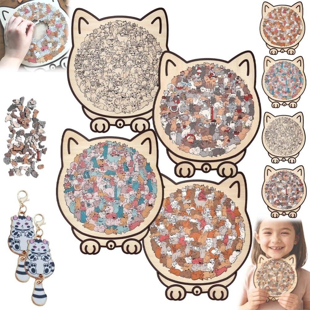 Macaron Color Cat Wooden Jigsaw Puzzle with Cat Silhouette Frame Animal Cats Decorative