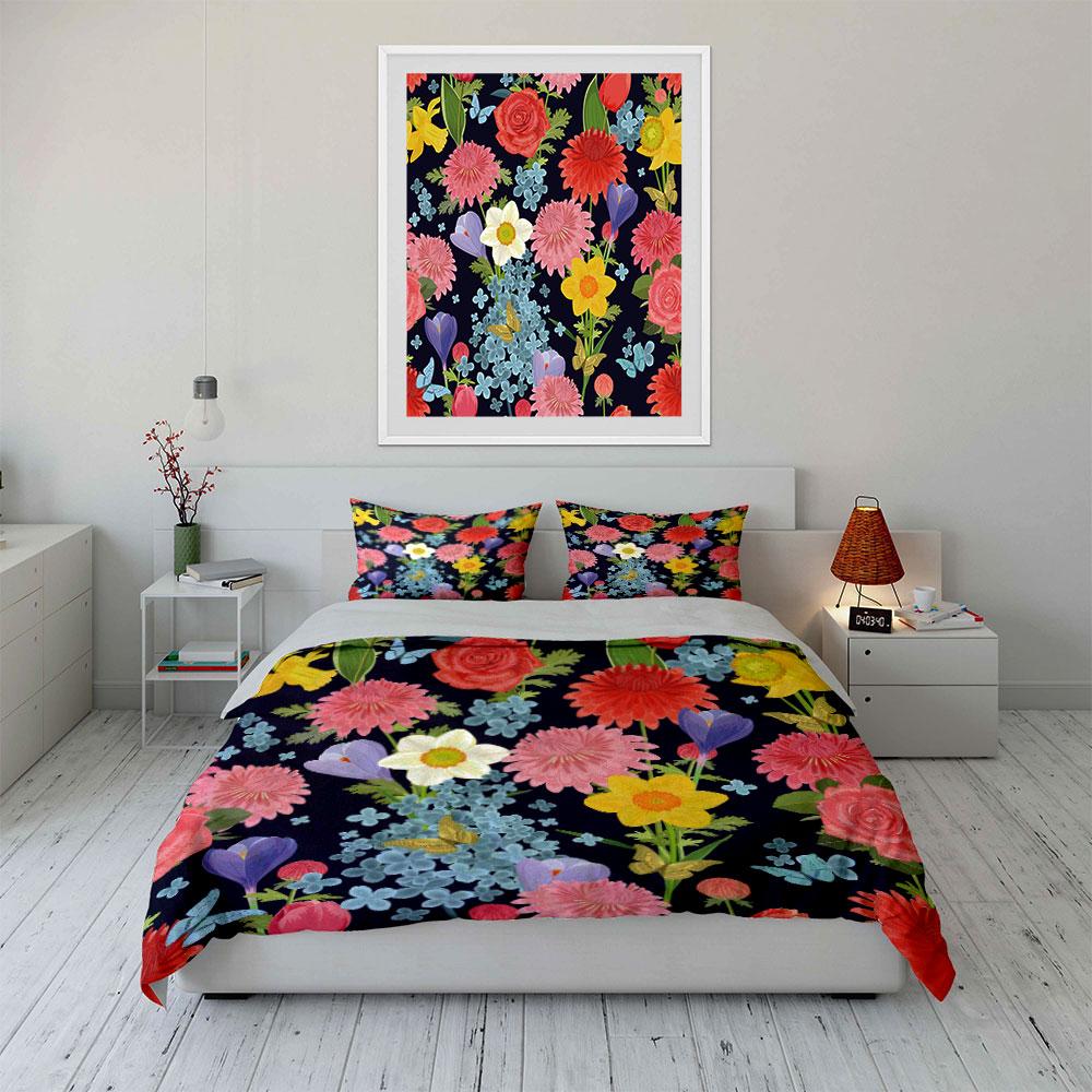 Colorful Flowers With Butterflies Bedding Set For Kids Luxury Gift 3Pcs Digital Print Comforter Set Soft Comfortable Breathable