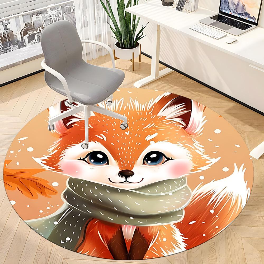 1pc Winter Fox Office Round Area Rug, Indoor Mat Suitable ForOffice, Under Office Chairs Bedroom Living Room Home Decor, Room Deco D079