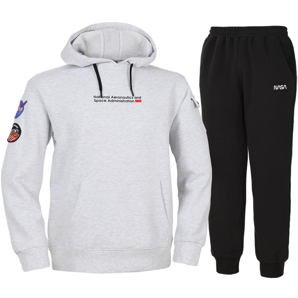 Nasa Unisex Standard Sweat Wappen Hoodie + Jogger Pants Set [Melange White + Black] 95