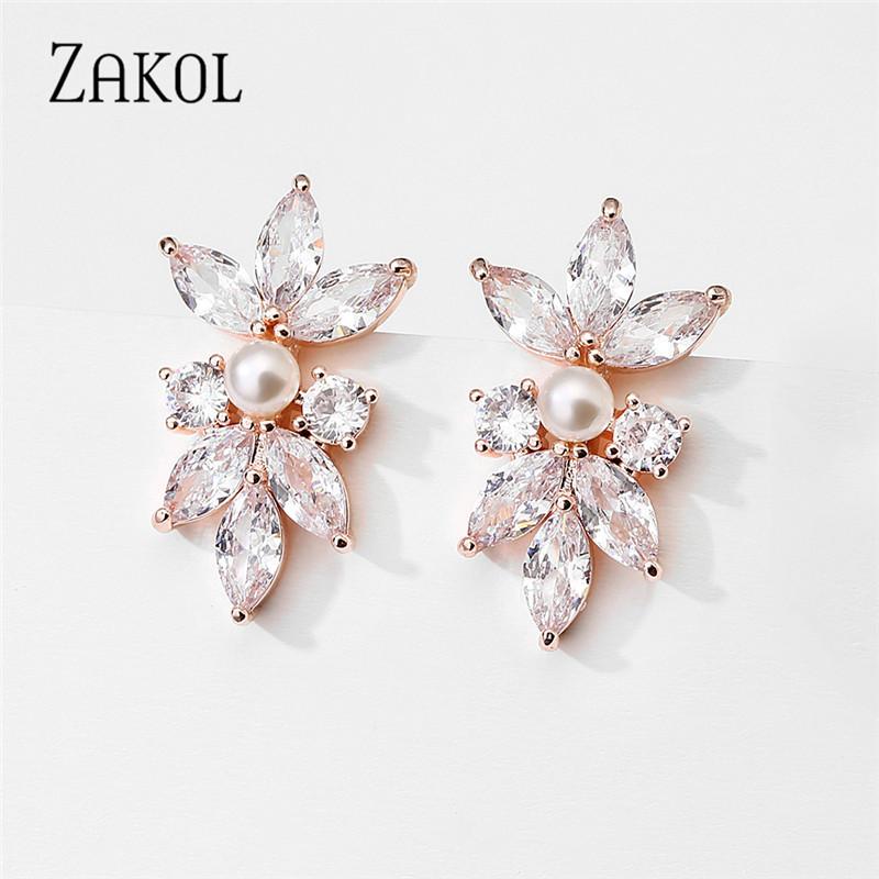 ZAKOL Fashion Simple Copper Alloy AAA Cubic Zirconia Stud Earrings for Women Cute Pearl Leaf CZ Wedding Earring Jewelry EP3156
