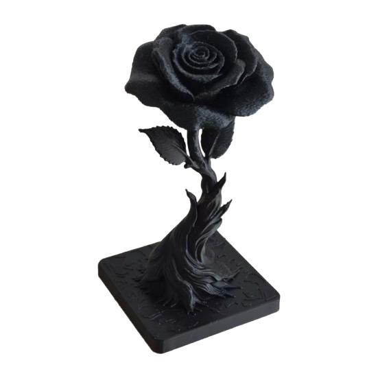 Statua Ornamentale Rosa Nera Stampata in 3D DYS, Statuetta Stile Gotico Oscuro, Fiore Decorativo Artistico con Base a Fiamma, Decorazione Raffinata per Casa Ufficio