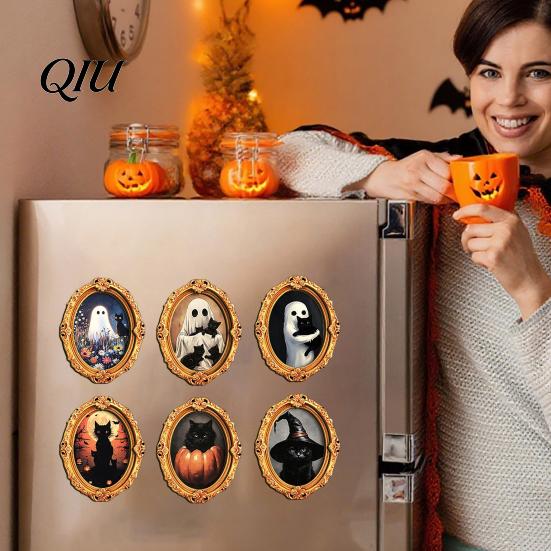 3D Refrigerator Magnet 1/6Pcs Halloween Retro Frame Magnet, Wooden Fridge Holiday Party Supplies Decoration, Memo Note Holder for Kitchen Decorations