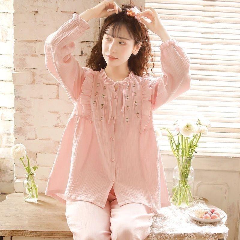 Süße japanische Prinzessin bestickte Heimkleidung Damen-Schlafanzug Langarm Frühling Herbst Reine Baumwollgaze Dünnes Loungewear-Set