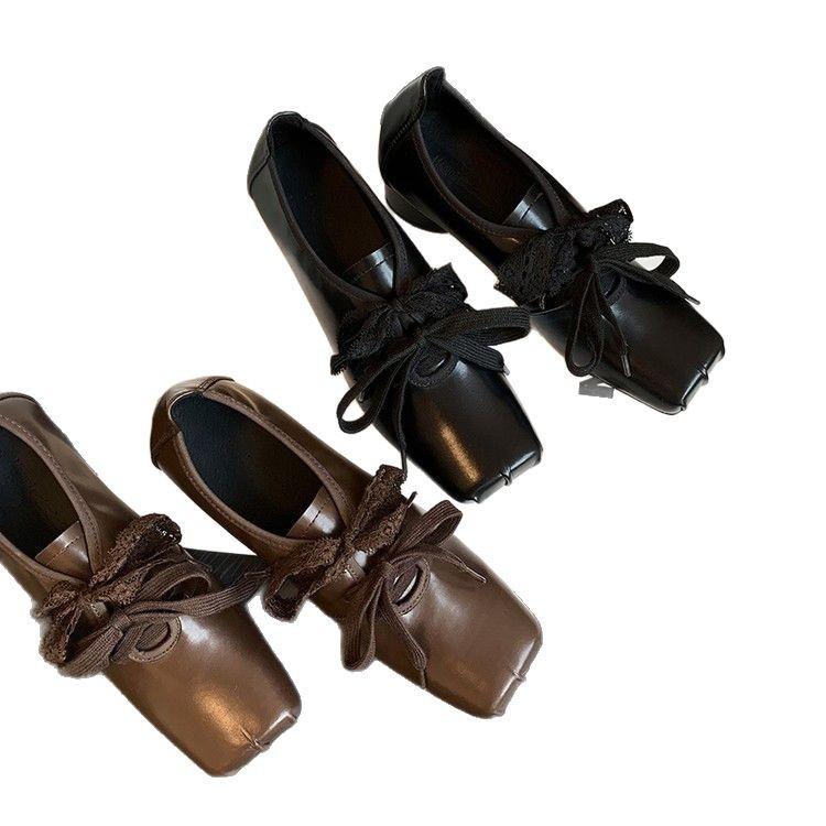 Niche retro square head ballet thick heel single shoes 2025 spring new lace-up small leather shoes~ pig head shoes
