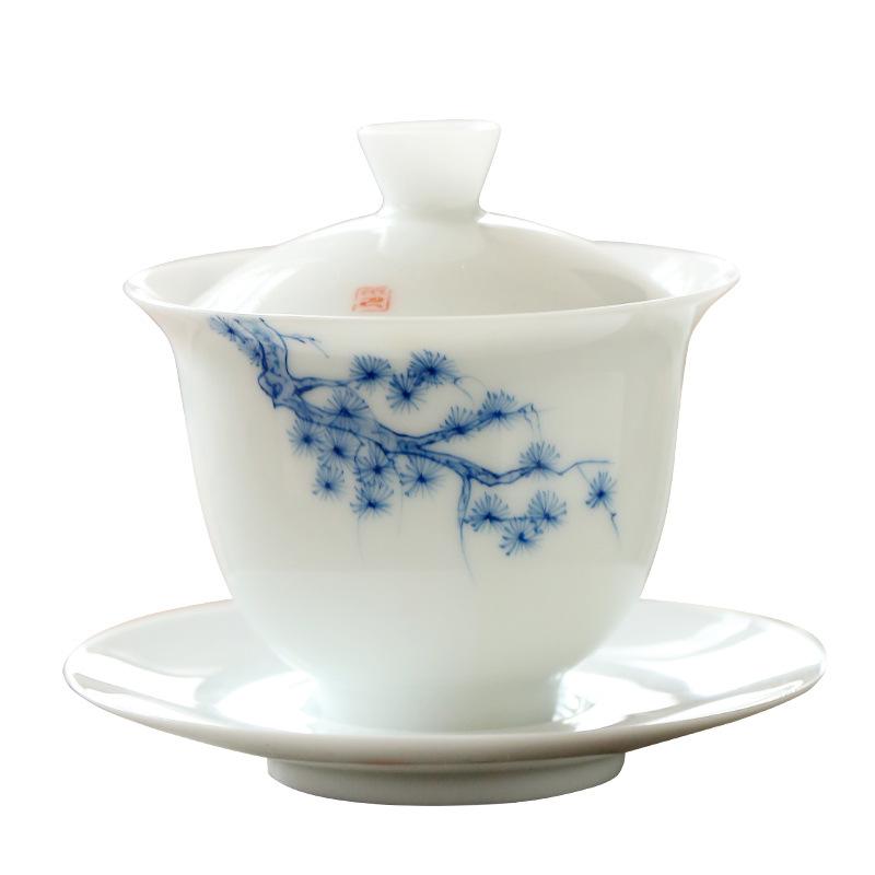 Hand-Painted Ceramic Whiteware Three-Force Cover Bowl Large Kung Fu Three-Force Bowl Handmade Ceramic Tea Cup Tea Bowl Gaiwan