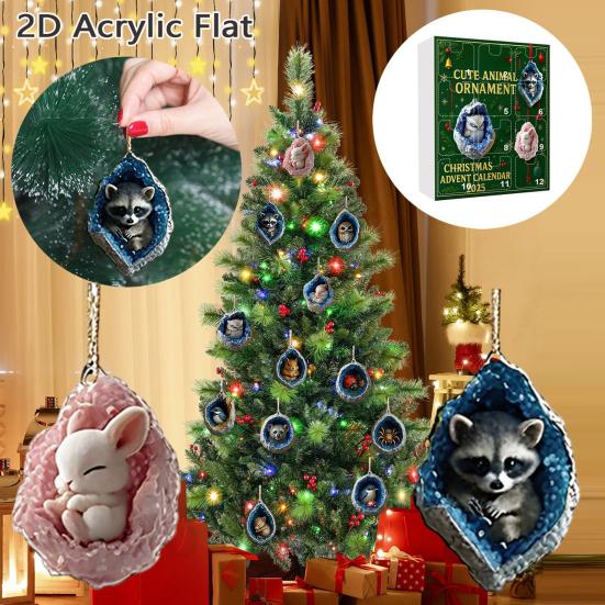 Christmas Geode Animal Advent Calendar 2025 2D Acrylic Forest Animals Xmas Tree Ornaments 12 Days Countdown Calendar for Holiday Decor