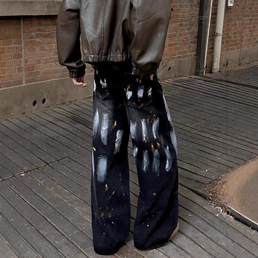 Unisex Retro High-Waisted Wide-Leg Graffiti Jeans - Petite Flared Autumn/Winter Casual Pants