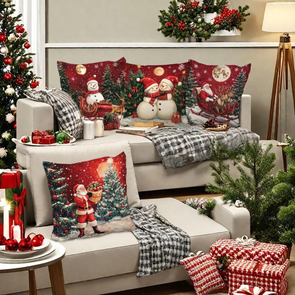 4 Pieces Christmas Pillow Covers Polyester 18x18 Inches Santa Snowman Reindeer Prints for Home Holiday Decoration