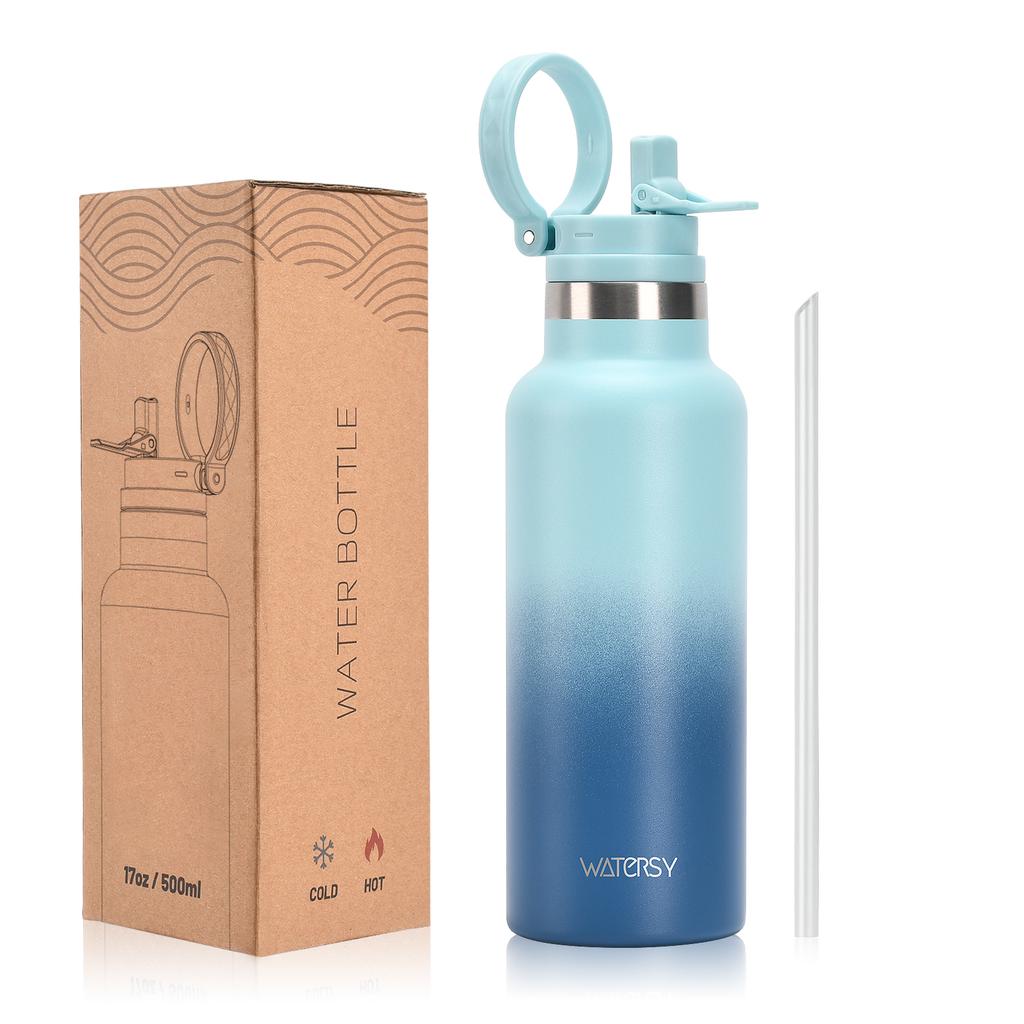 WATERSY 500ml Double Wall Vacuum Insulated Stainless Steel Water Bottle Thermal Mug with Straw and Handle Keeps Hot Cold 12H