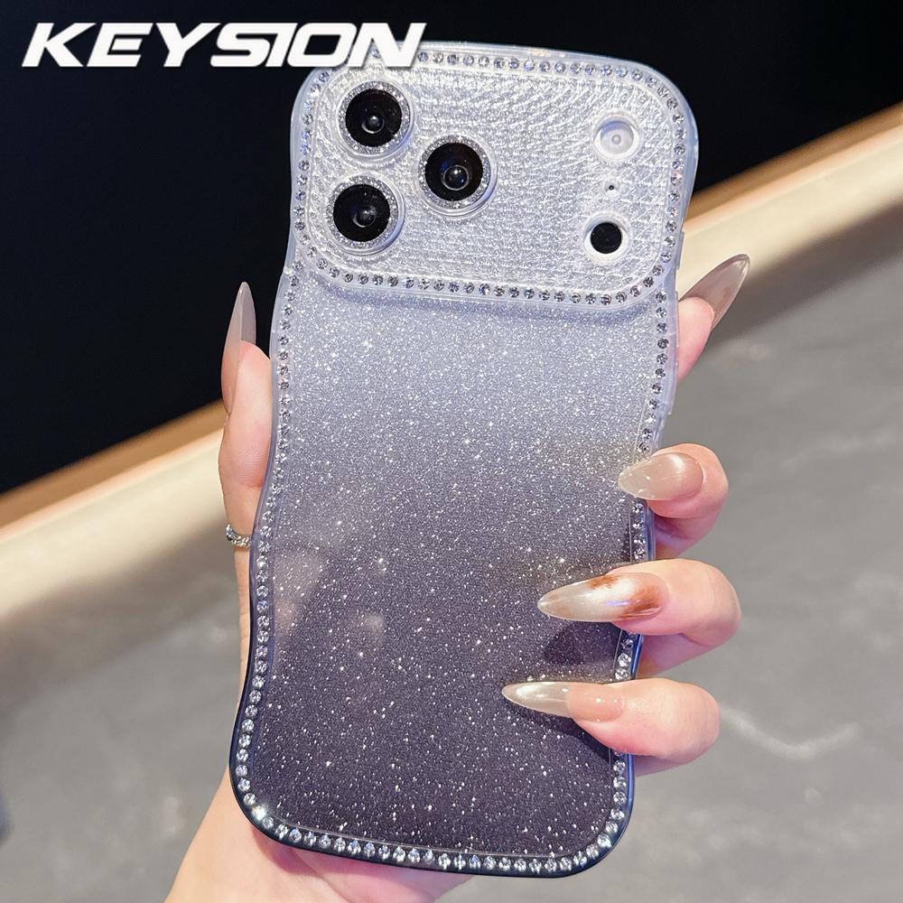 KEYSION Gradient Glitter Jewelled Phone Case for iPhone 16 17 Pro Max Air 16 Plus Wavy Border Lens Protector Shockproof Cover