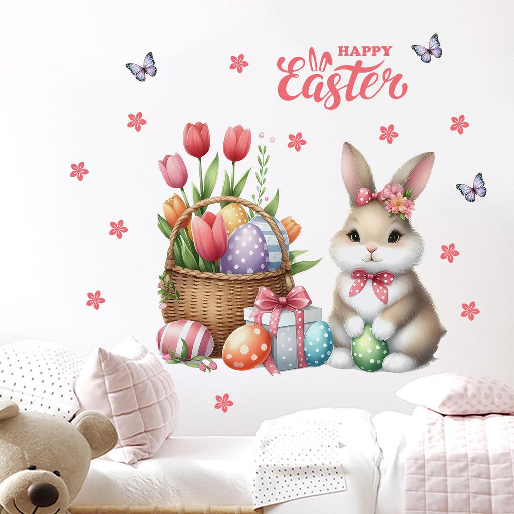 Easter Bunny Flowered Easter Egg Wall Stickers for Bedroom and Living Room Decoration and Beautification Wall Stickers