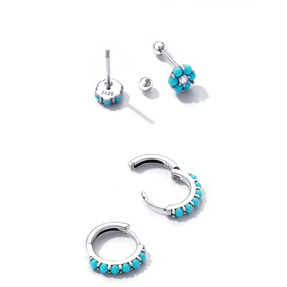 Rockyu Earrings for Simple and 925 Turquoise Second Turquoise Accessories Women, Beautiful, Silver, Small, Earrings, Earrings, Flowers, Zirconia,